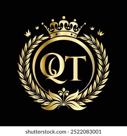 Initial letter QT monogram in golden laurel wreath. Heraldic Coat of Arms decorative logo isolated vector illustration.