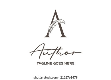 Initial Letter A with Quill Feather Pen for Author Signature Handwriting Logo Design Vector