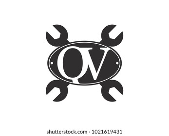 Initial letter QV logo automotive club with crossed wrench black