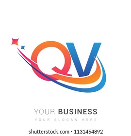 initial letter QV logotype company name colored orange, red and blue swoosh star design. vector logo for business and company identity.