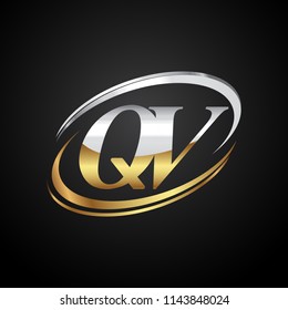 initial letter QV logotype company name colored gold and silver swoosh design. isolated on black background.