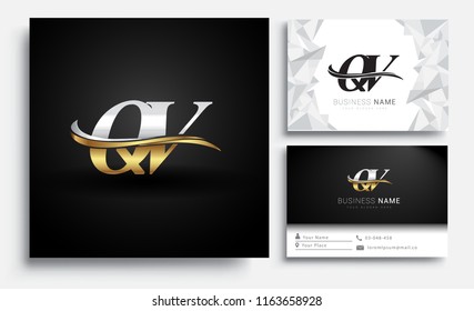 initial letter QV logotype company name colored gold and silver swoosh design. Vector sets for business identity on white background.