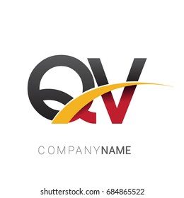 initial letter QV logotype company name colored red, black and yellow swoosh design. isolated on white background.