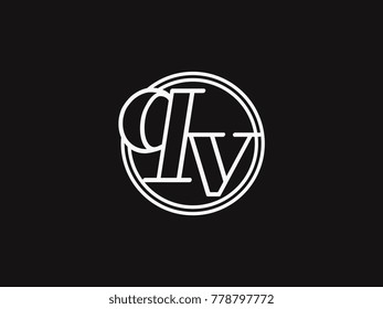 Initial letter qv lowercase outline inside the circle logo template white on black background