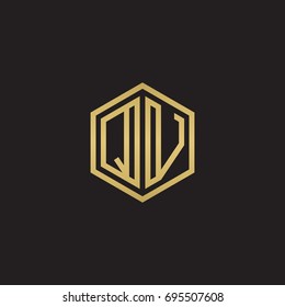 Initial letter QV, minimalist line art hexagon logo, gold color on black background