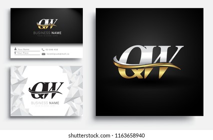 initial letter QW logotype company name colored gold and silver swoosh design. Vector sets for business identity on white background.