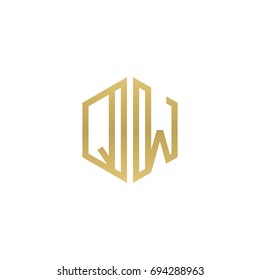 Initial letter QW, minimalist line art hexagon shape logo, gold color