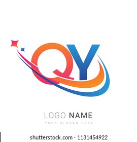 initial letter QY logotype company name colored orange, red and blue swoosh star design. vector logo for business and company identity.