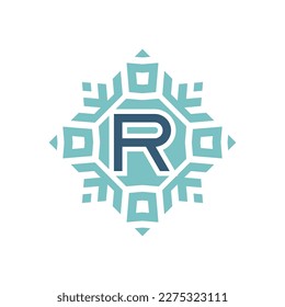 Initial letter R abstract snowflake square emblem logo