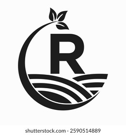 Initial Letter R Agriculture And Farming Logo Combine With Field and Leaf Symbol