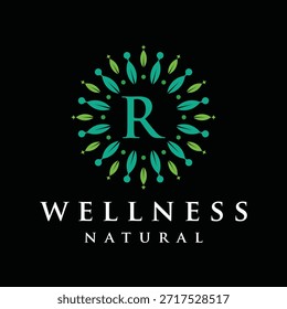 Initial letter R alphabet wellness, green, leaves, natural, health, organic, logo design, circle leaf nature graphic icon vector template