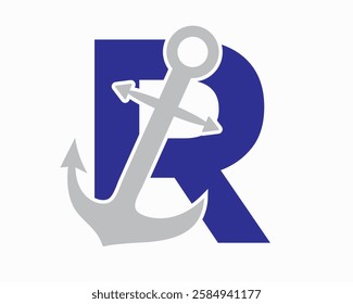 Initial Letter R Anchor Logo Design Concept For Boat, Ship, Yacht, Nautical Transport Symbol