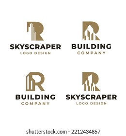 Initial Letter R with Architecture City Building , Real Estate Apartment Logo Design