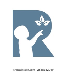 Initial Letter R Baby and Eco Leaf Symbol For Kinds Logo Design