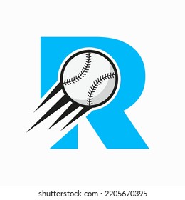 Initial Letter R Baseball Logo Concept With Moving Baseball Icon Vector Template