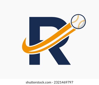 Initial Letter R Baseball Logo Concept With Moving Baseball Icon Vector Template