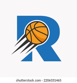 Initial Letter R Basketball Logo Concept With Moving Basketball Icon. Basket Ball Logotype Symbol Vector Template