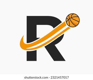Initial Letter R Basketball Logo Concept With Moving Basketball Icon. Basket Ball Logotype Symbol