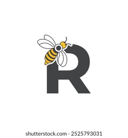 Initial letter R bee logo design. Honey bee with letter R on wings logo or icon vector bee design illustration concept .