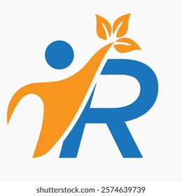 Initial Letter R Bio or Healthcare Logo Design Concept With Human And Green Leaf Symbol