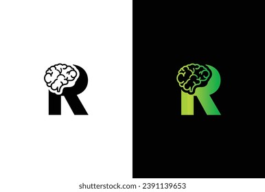 Initial letter R brain logo and icon vector illustration template design. Letter R Brain Idea Logo.