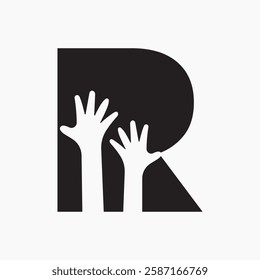 Initial Letter R Charity Logo Design Concept With Two Hand Symbol