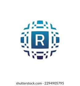 Initial letter R circle digital tech electronic pixel emblem logo