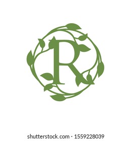 initial letter R with circle green leaf vector illustration