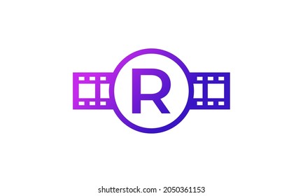 Letra inicial R Círculo con tira de película Reel Stripes para película Cine Producción de cine Inspiración de logotipo