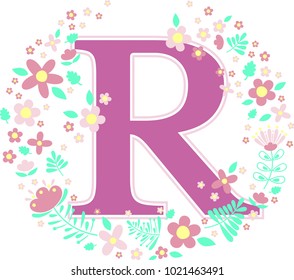 initial letter r with decorative flowers and design elements isolated on white background. can be used for baby name, nursery decoration, spring themes or wedding invitation.