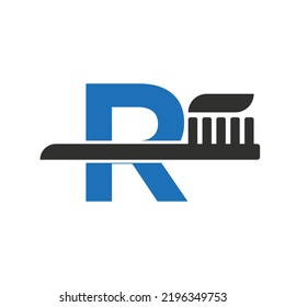 Initial Letter R Dental Logo Combine With Tooth Brush Symbol Template