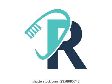 Initial Letter R Dental Logo Combine With Tooth Brush Symbol. Dental Care logo designs vector Template