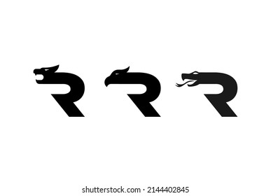 Initial Letter R with Dragon Tiger Lion Raven Eagle Hawk Phoenix Cobra Snake Head Logo Design Vector