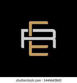 Initial letter R and E, RE, ER, overlapping interlock logo, monogram line art style, silver gold on black background