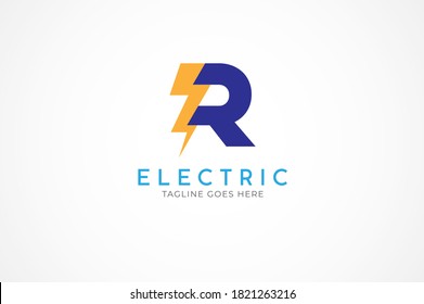 initial letter R for Electric logo, Letter R and thuder bolt combination, Flat Logo Design Template, vector illustration
