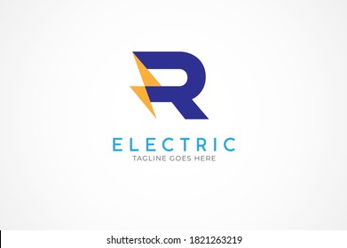 initial letter R for Electric logo, Letter R and thuder bolt combination, Flat Logo Design Template, vector illustration