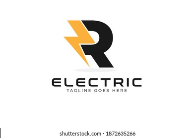 Initial Letter R Electric Logo, letter R and thunder bolt icon combination isolated on white background, Flat style Logo Design Template element, vector illustration