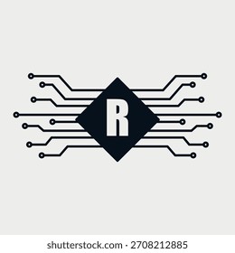 Letra inicial R Electricidad diseño de logotipo. Fuente del alfabeto del concepto de diseño de componentes eléctricos. Ilustración vectorial.