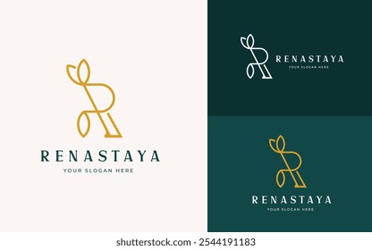 Initial Letter R Elegant with Leaf Icon Symbol Logo Inspiration. Stylish Initial Letter R Elegant Logo Vector. Premium Letter R Gold Logo Symbol. Alphabet Vector Logo Illustration