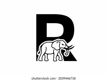 Initial letter R with elephant shape line art design