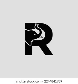 Initial letter R with elephant shape line art. Modern Elephant R Letter Alphabet Logo Design.