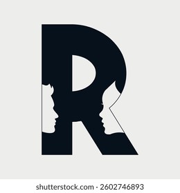 Initial Letter R Face logo design. Male and Female Faces design concept alphabet font. Vector Illustration.