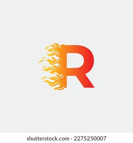 Initial letter R and fire shape with ribbon logo style in gradient color. R letter logo, fire flames logo design.