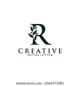 Initial Letter R und florales Logo, Vektorgrafik des Botanischen Minimalistischen Buchstaben Feminine Logo-Designvorlage