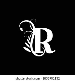 Anfangsbuchstabe R Blütenmonogramm in Schwarz-Weiß-Farbe.