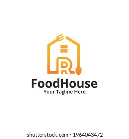 Initial letter R food house Logo Design Template. Illustration vector graphic. Design concept fork, spoon, letter With house symbol. Perfect for restaurant, cooking business