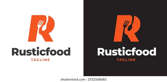 Letra inicial R com inspiração de logotipo de ícone de garfo e colher. Colher e garfo com letra R logotipo para restaurante, restauração, café e marca de serviço de alimentos. Ilustração do logotipo do vetor do restaurante do alfabeto.