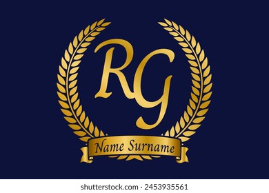 Anfangsbuchstabe R und G, RG-Monogramm-Logo-Design mit Lorbeerkranz. Luxuriöse goldene Kalligrafie Schriftart.