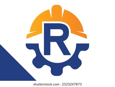 Initial Letter R with Gear and Helmet. Gear engineer logo design vector