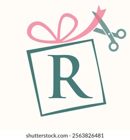 Initial Letter R Gift Box Logo Design Concept With Ribbon and Scissors Symbol For Weeding and Birthday Gift Sign